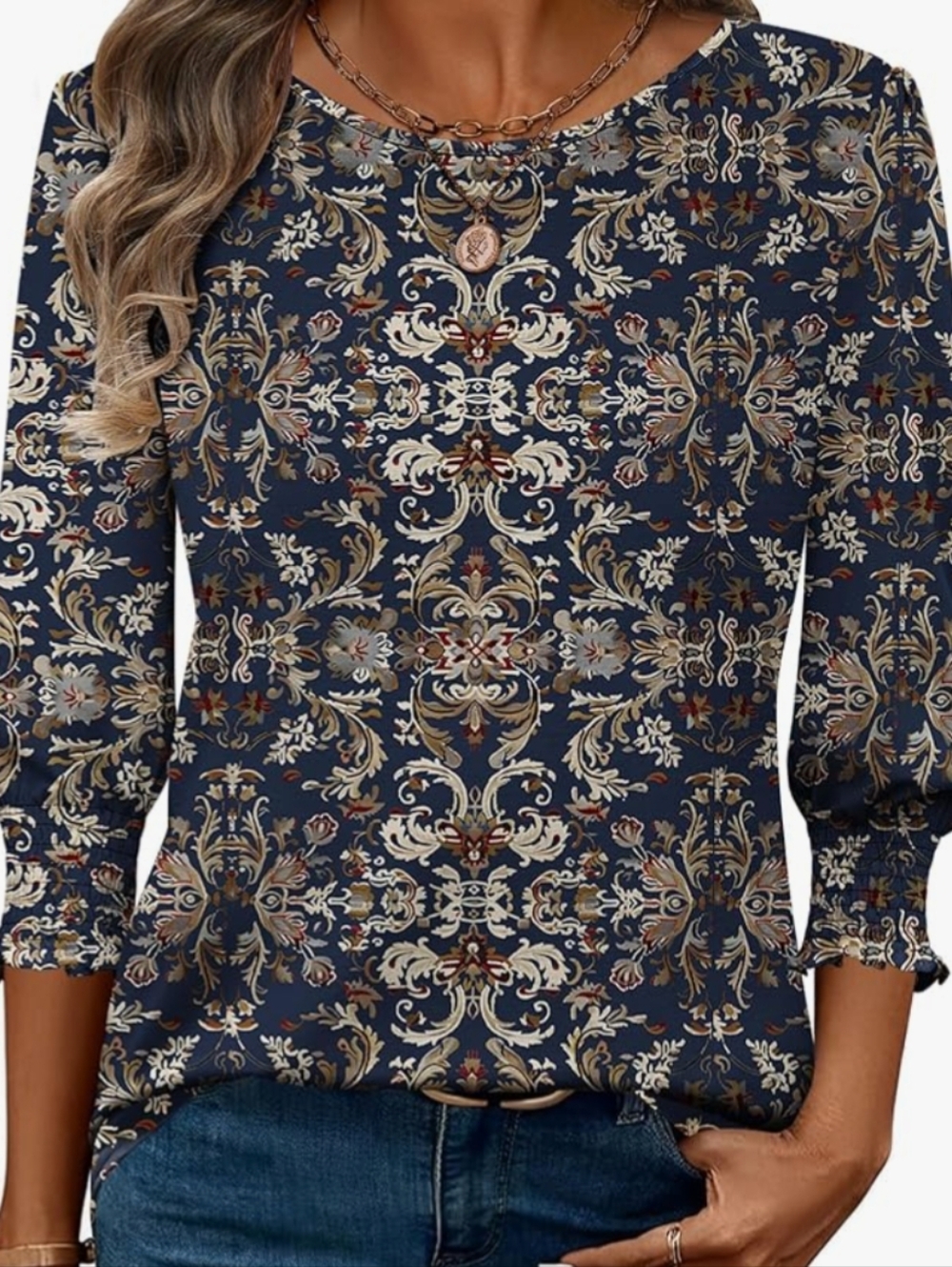 Navy Floral Scroll Print Women's Top